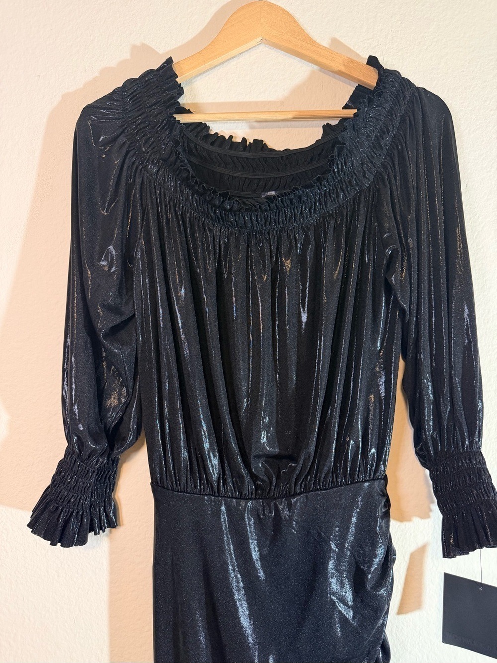 NWT Norma Kamali Long Sleeve Peasant Side Drape Gown Black Metallic S - Picture 4 of 10
